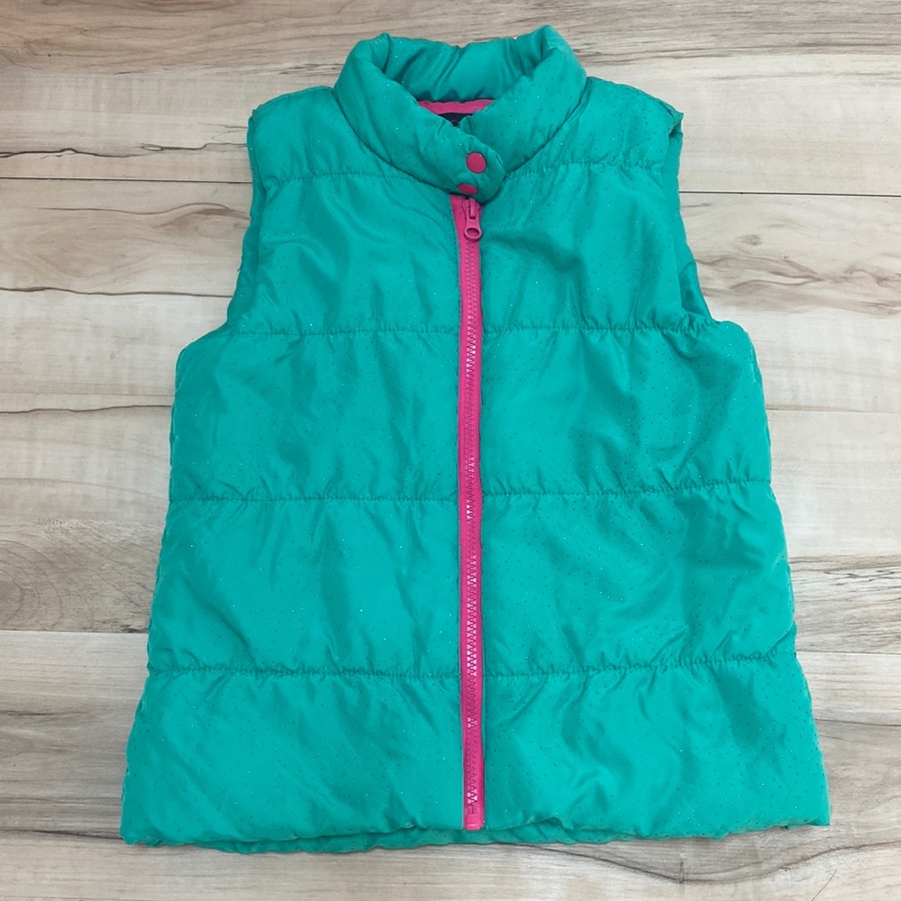 Energie Girls Green M Puffer Vest With Zipper Front and Sparkles. Pink Inside.